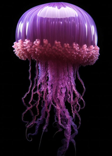 Purple jellyfish with a luminous bell, pink ruffled collar and cascading violet strands against black.