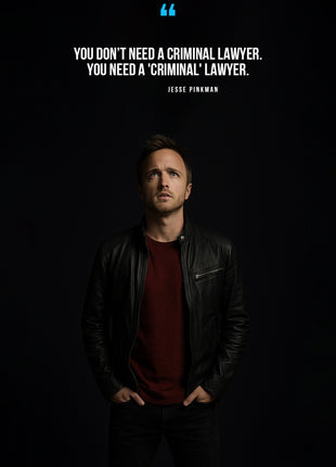 Jesse Pinkman in a dark portrait beneath white quotation text and a blue quotation mark.