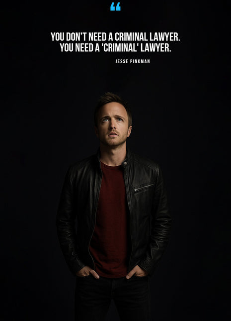 Jesse Pinkman in a dark portrait beneath white quotation text and a blue quotation mark.