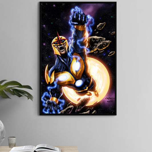 "Starborn – Nova Wall Art on canvas, acrylic, and metal – Nova flying through space glowing with cosmic energy and star trails."

