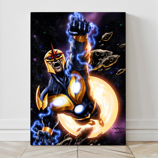 "Starborn – Nova Wall Art on canvas, acrylic, and metal – Nova flying through space glowing with cosmic energy and star trails."