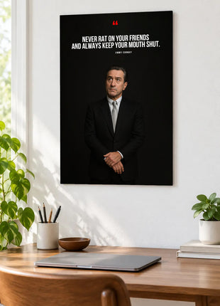 Jimmy Conway Keep It Quiet acrylic wall art displayed above a wooden desk with a laptop, plants and books against a white wall.