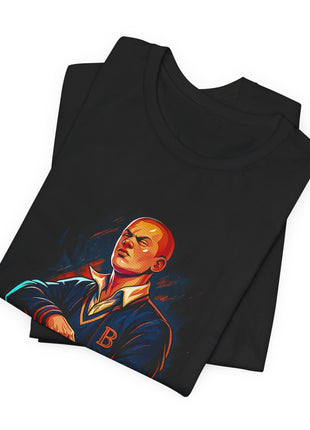 Folded black Jimmy Hopkins T-shirt showing his closely cropped head, cream collar and navy B-marked jacket.