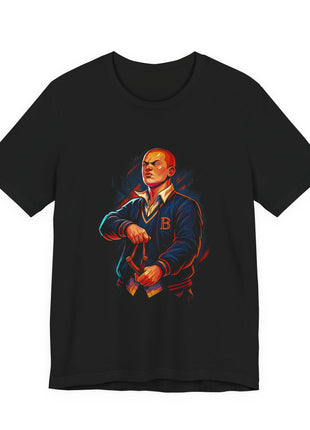 Front of a black T-shirt featuring Jimmy Hopkins holding a slingshot in a navy school jacket with a B emblem.