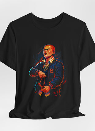 Black Jimmy Hopkins T-shirt with a gathered hem, displaying the slingshot portrait in red and blue.