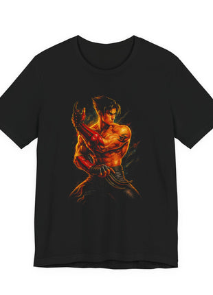 Black T-shirt front featuring Jin Kazama with red gauntlets raised in a guard and gold highlights across his bare torso.