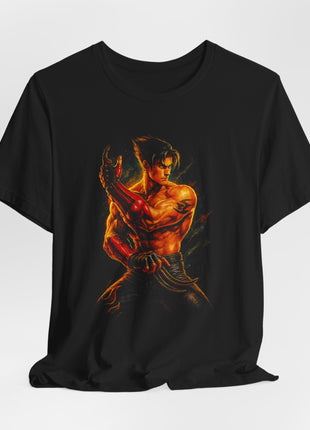Gathered black T-shirt front with Jin Kazama in red gauntlets and dark flame-patterned trousers.