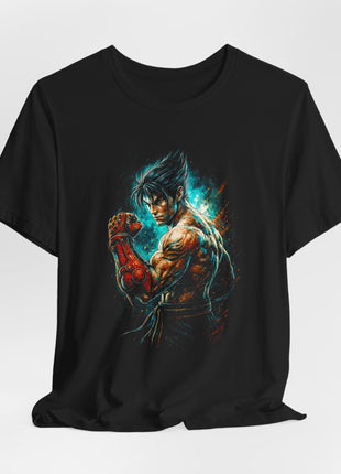 Draped front view of a black T-shirt showing Jin Kazama’s raised-fist portrait with cyan and orange highlights.