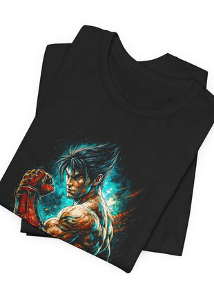 Folded black T-shirt close-up of Jin Kazama’s spiked hair, red studded gauntlet and black shoulder tattoo.