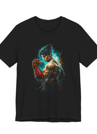 Front of a black T-shirt featuring Jin Kazama with a raised red gauntlet and shoulder tattoo against cyan texture.