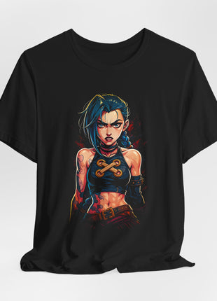 Draped front view of the black Jinx Arcane Portrait Graphic T-Shirt.