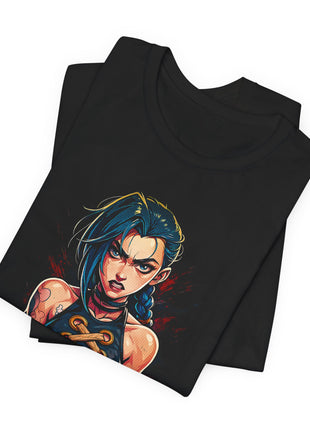 Folded view of the black Jinx Arcane Portrait Graphic T-Shirt.