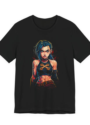 Front view of the black Jinx Arcane Portrait Graphic T-Shirt.