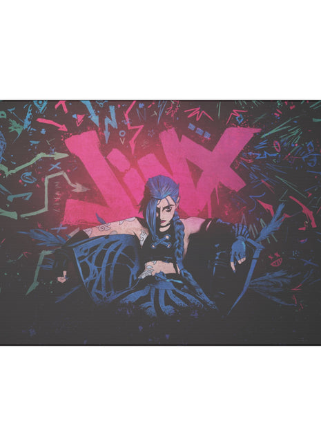 "Jinx from Arcane Wall Art on premium canvas, acrylic, and metal – front view featuring the edgy character Jinx"
