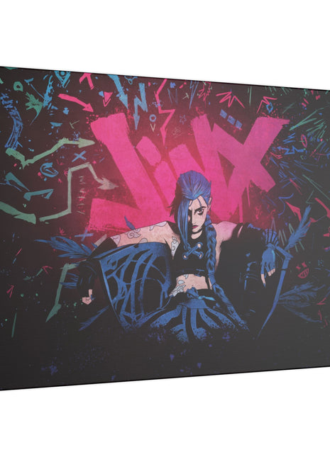 "Jinx from Arcane Wall Art on premium canvas, acrylic, and metal – front view featuring the edgy character Jinx"
