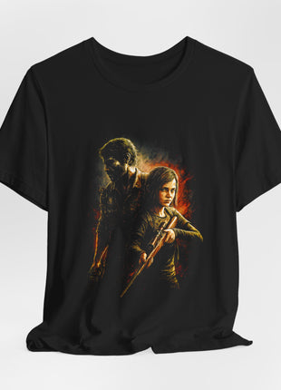 Draped front view of the black Joel and Ellie Survivor Portrait Graphic T-Shirt.