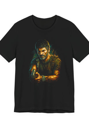 Front of black T-shirt showing Joel holding a pistol in both hands, wearing an olive shirt, backpack straps and a shoulder flashlight.