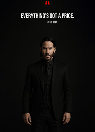 John Wick in a dark portrait beneath white quotation text and a red quotation mark.