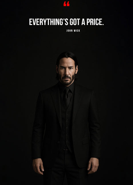 John Wick in a dark portrait beneath white quotation text and a red quotation mark.