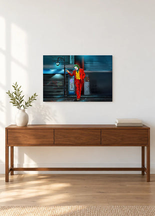 Joker A Light on the Corner acrylic wall art displayed above a wooden console with a leafy vase and stacked books against a white wall.