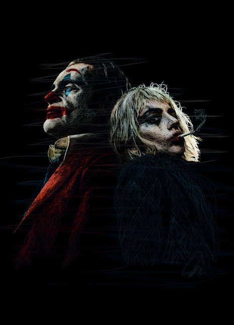 Joker and Harley Back to Back: pairs Joker and Harley Quinn in opposing portraits against black.