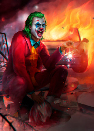 Joker Cart Full of Chaos original artwork: shows Joker crouched beside a shopping cart and a burning car.