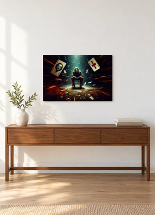 Joker House of Falling Cards acrylic wall art displayed above a wooden console with a leafy vase and stacked books against a white wall.