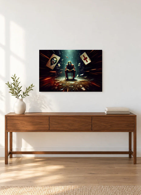 Joker House of Falling Cards acrylic wall art displayed above a wooden console with a leafy vase and stacked books against a white wall.