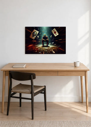 Joker House of Falling Cards acrylic wall art displayed above a wooden desk with a notebook, pencil and white mug against a white wall.