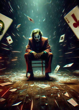 Joker House of Falling Cards original artwork: places Joker on a chair beneath a shaft of cold light, surrounded by airborne playing cards.