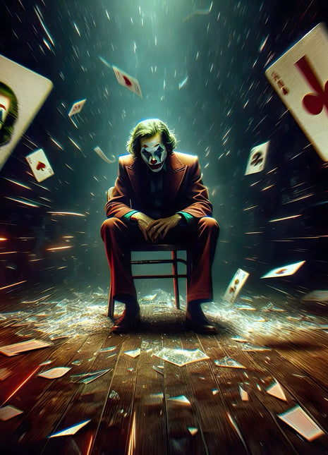Joker House of Falling Cards original artwork: places Joker on a chair beneath a shaft of cold light, surrounded by airborne playing cards.