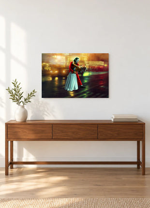 Joker Last Dance in the Rain acrylic wall art displayed above a wooden console with a leafy vase and stacked books against a white wall.