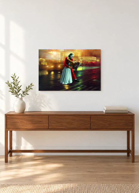 Joker Last Dance in the Rain acrylic wall art displayed above a wooden console with a leafy vase and stacked books against a white wall.