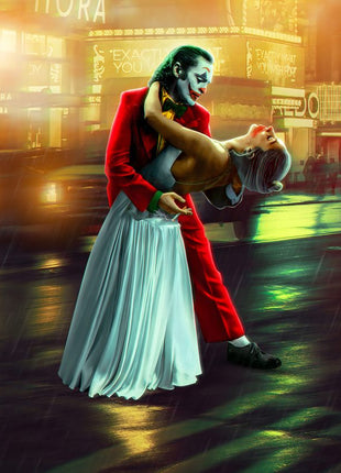 Joker Last Dance in the Rain original artwork: shows Joker dipping a female dance partner on a rain-slick city street.
