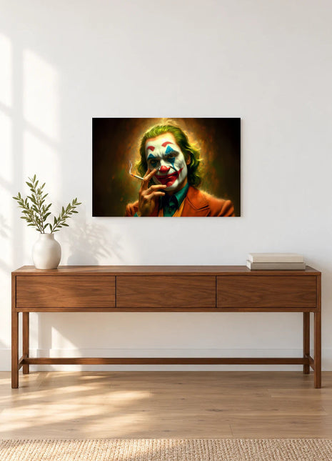 Joker The Last Drag acrylic wall art displayed above a wooden console with a leafy vase and stacked books against a white wall.