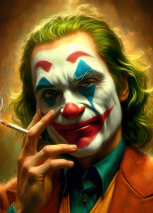 Joker The Last Drag original artwork: presents a close view of Joker holding a cigarette beside his painted smile.