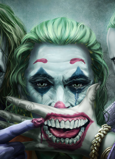 Joker Three Faces of Trouble original artwork: brings three Joker interpretations together in a close portrait group.