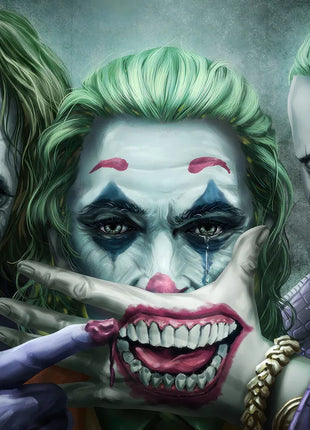 Joker Three Faces of Trouble original artwork: brings three Joker interpretations together in a close portrait group.