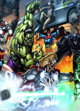 Justice League versus Avengers crossover wall art with Superman, Wonder Woman, Batman, Hulk, Thor and Iron Man by Snapping Turtle Gallery