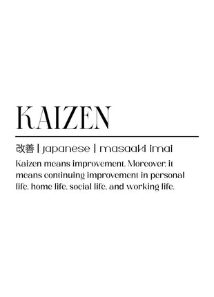KAIZEN heading, Japanese text and Masaaki Imai attribution above a short black definition on white.