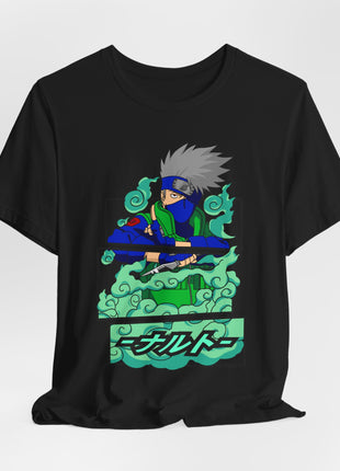 Draped front view of the black Kakashi Hatake Green Cloud Panel Graphic T-Shirt with kakashi in blue and green, framed by curled green clouds and stacked panel sections.