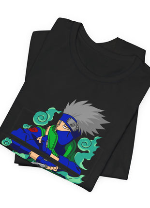 Folded black Kakashi Hatake Green Cloud Panel Graphic T-Shirt showing a close view of the front artwork.