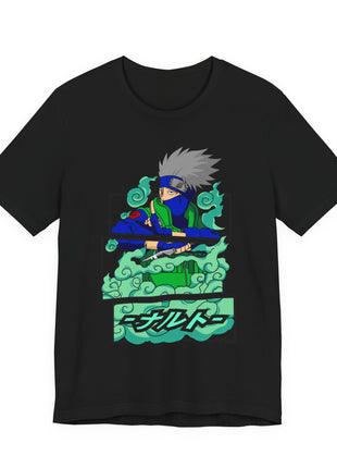 Front of a black Kakashi Hatake Green Cloud Panel Graphic T-Shirt featuring kakashi in blue and green, framed by curled green clouds and stacked panel sections.