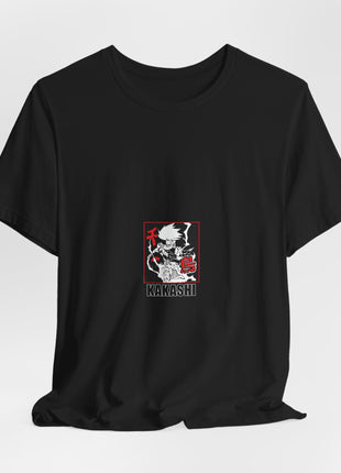 Draped front view of the black Kakashi Lightning Small Panel Graphic T-Shirt.