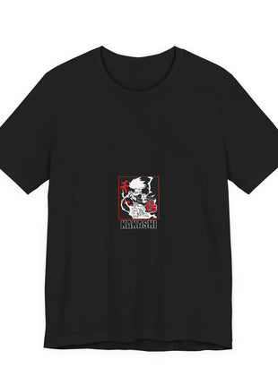 Front of a black T-shirt featuring Kakashi Hatake amid white lightning in a small red-framed panel with KAKASHI lettering.