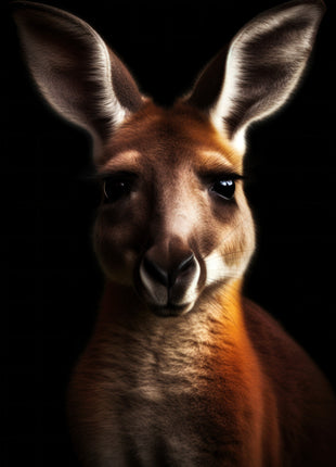 Reddish-brown kangaroo with tall ears and a softly lit muzzle against a black background.