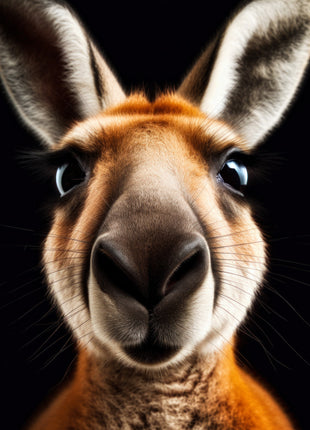 Close-up kangaroo with broad dark nose, white-edged ears and golden fur against black.