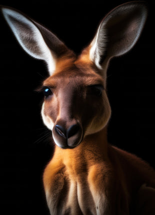 Kangaroo with widely spaced tall ears and amber-lit chest facing forward against black.