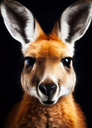 Golden kangaroo with silver-lined upright ears and a softly lit muzzle facing forward against black.