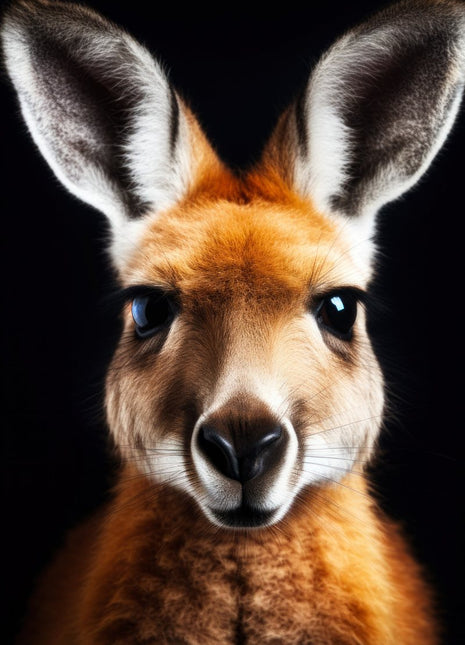 Golden kangaroo with silver-lined upright ears and a softly lit muzzle facing forward against black.